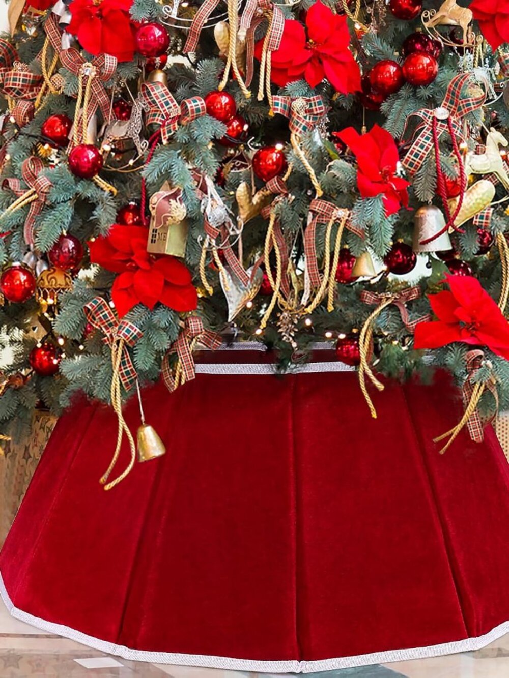 Christmas Tree Collar Red Velvet Foldable Christmas Tree Ring Tree Skirt for Art